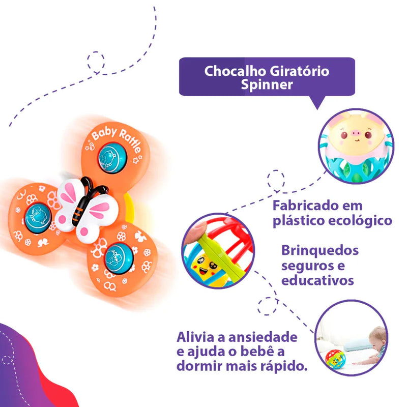 Kit 3 Brinquedo Infantil Chocalho Giratório Spinner Com Ventosa Brinquedos para bebê Banho