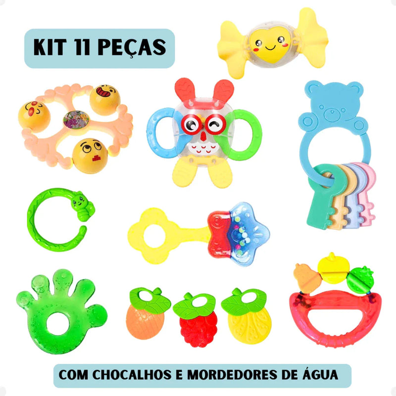 Kit 11 Chocalhos e Mordedor Macio Para Bebês Com Sinos De Mão Brinquedo Infantil